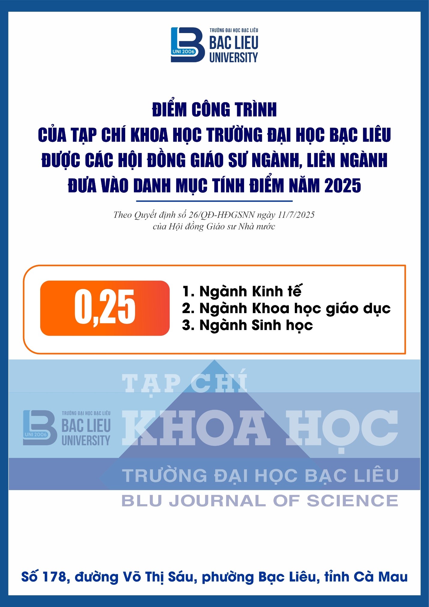 Tạp chí Khoa học Trường Đại học Bạc Liêu được Hội đồng Giáo sư Nhà nước công nhận tính điểm